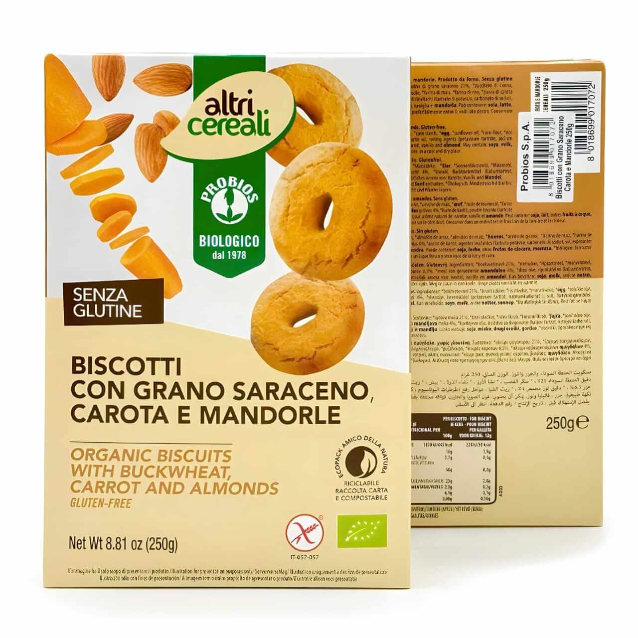Biscotti con grano saraceno carota mendorle - senza glutine - Probios - Saporelite